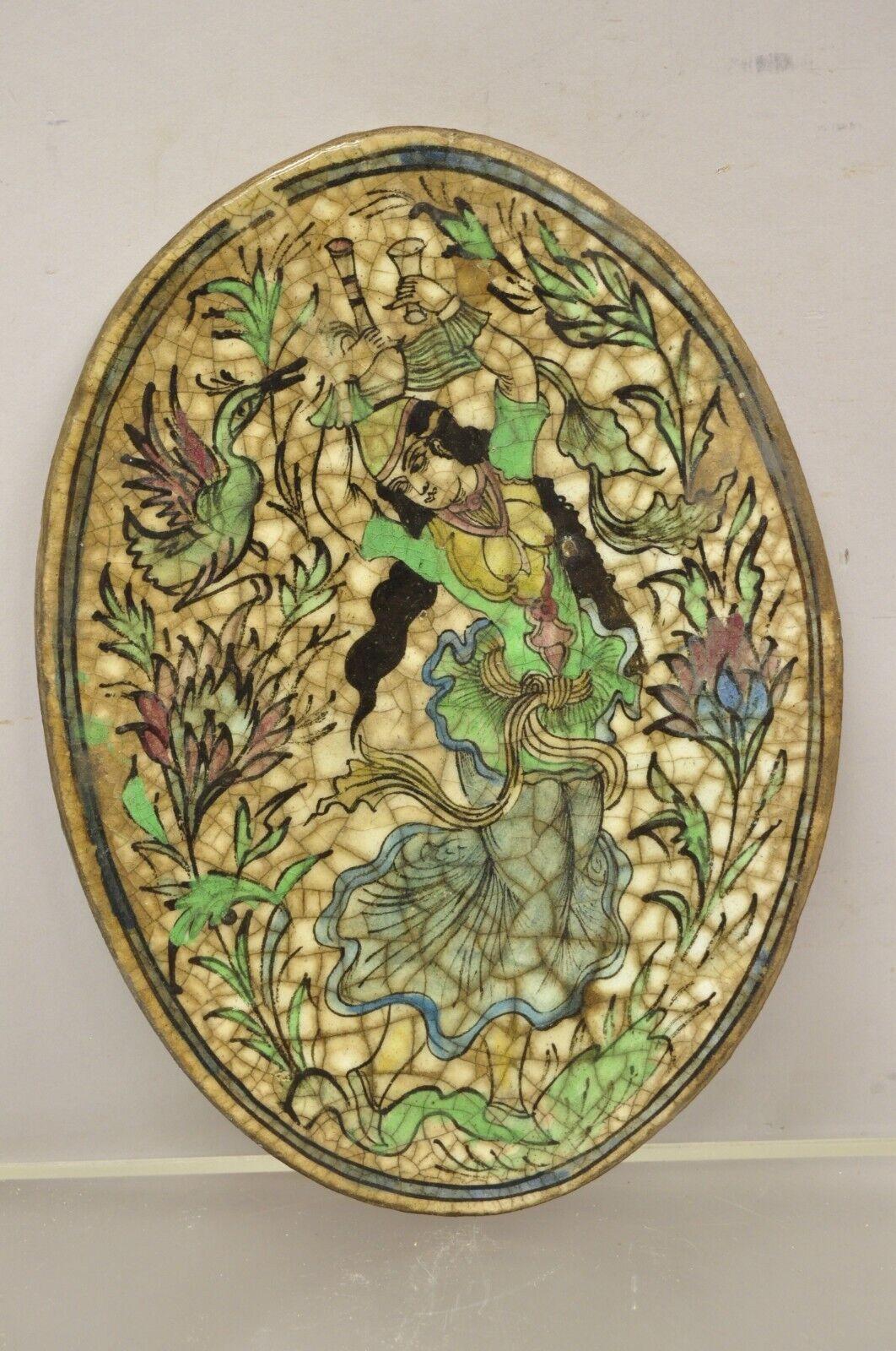 Antique Persian Iznik Qajar Style Ceramic Pottery Oval Tile Dancing Woman C3 For Sale 3