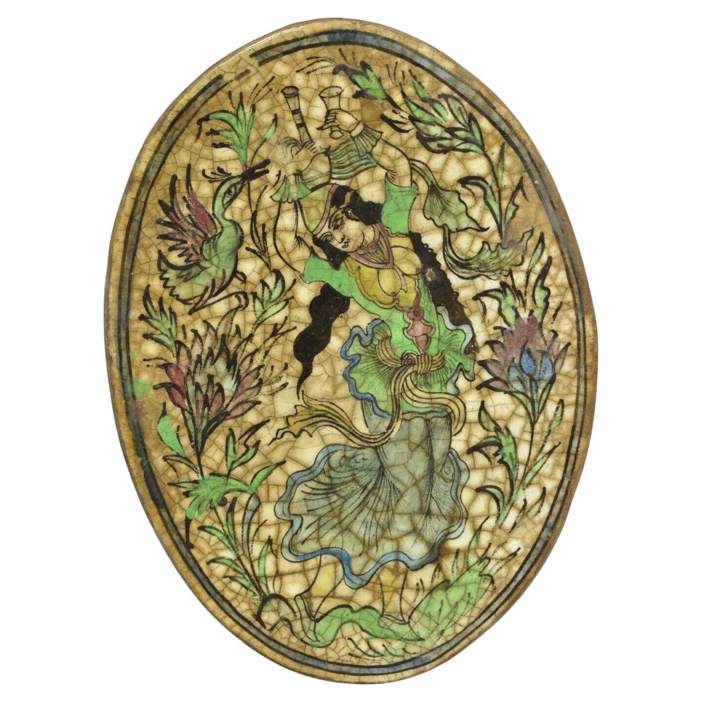 Antique Persian Iznik Qajar Style Ceramic Pottery Oval Tile Dancing Woman C3 For Sale