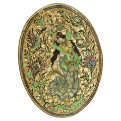 Antike persische Iznik Qajar-Keramik-Töpferei im Qajar-Stil, ovale Kachel, tanzende Frau, C3
