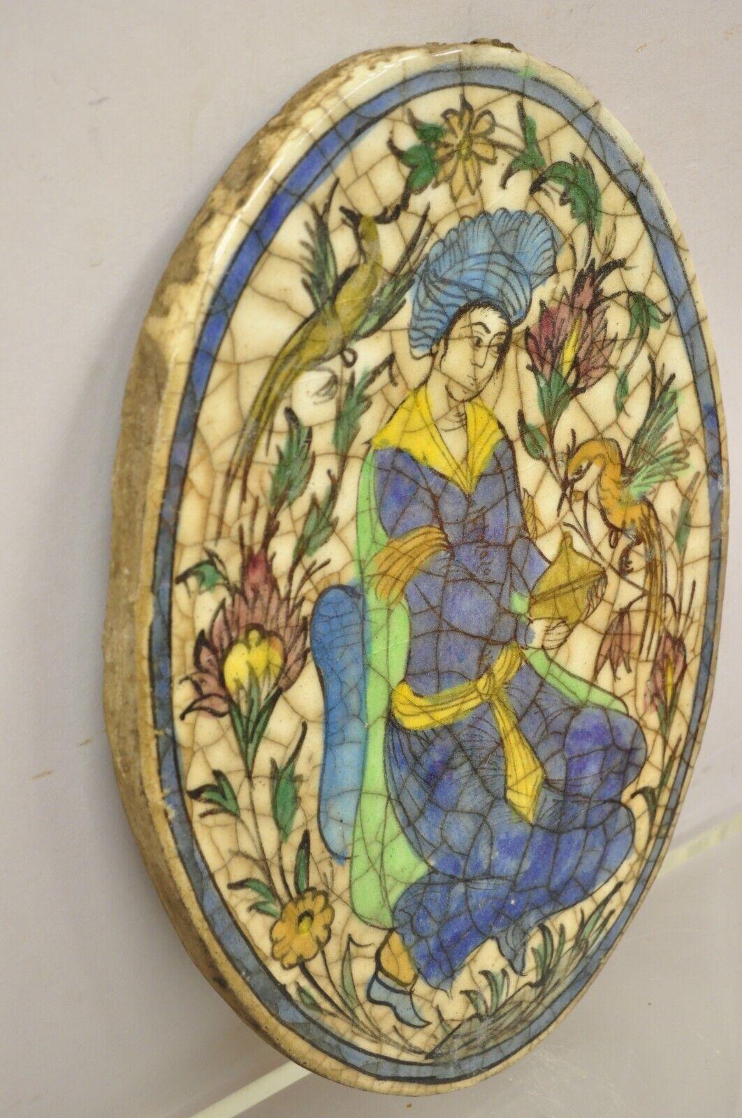 Antique Persian Iznik Qajar Style Ceramic Pottery Oval Tile Figure with Bird C3 For Sale 1