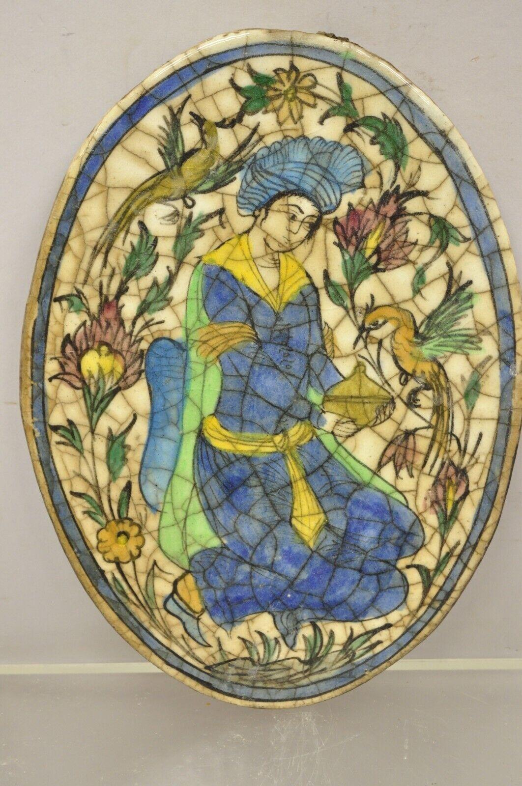 Antique Persian Iznik Qajar Style Ceramic Pottery Oval Tile Figure with Bird C3 For Sale 5
