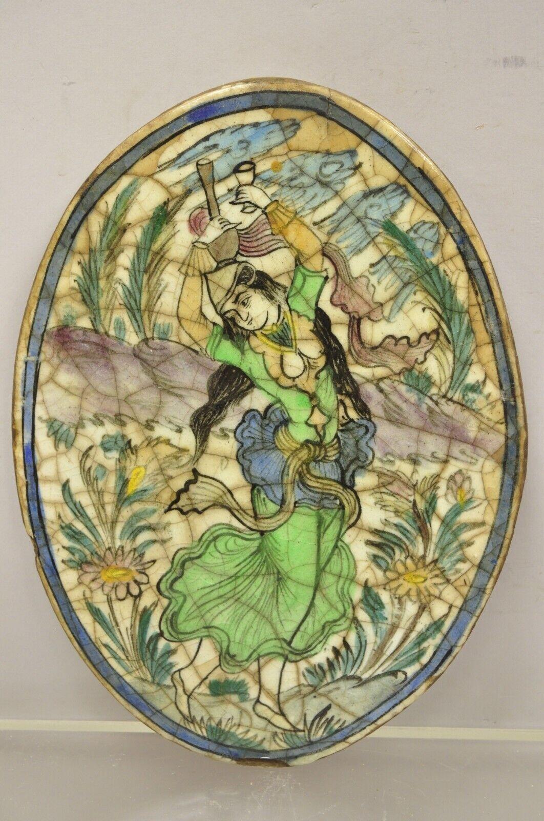 Antique Persian Iznik Qajar Style Ceramic Pottery Oval Tile Green Lady Dancer C3 For Sale 6