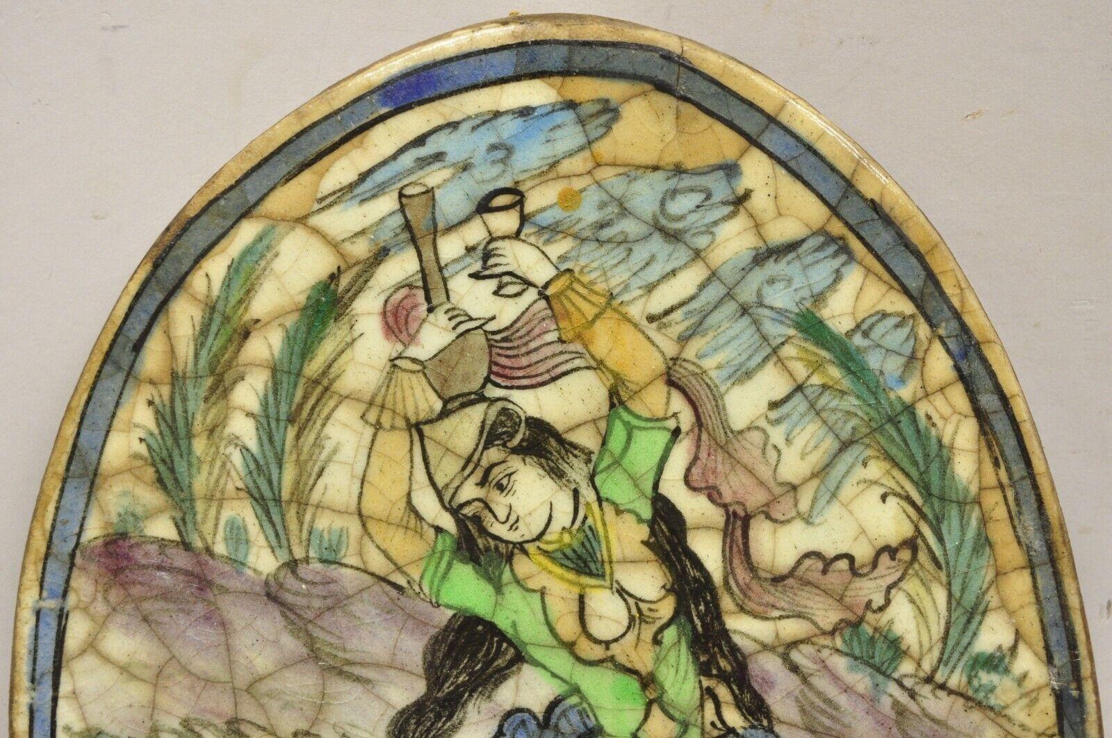 20ième siècle Ancienne poterie persane Iznik Qajar de style céramique, carreaux ovales verts représentant une danseuse, C3 en vente