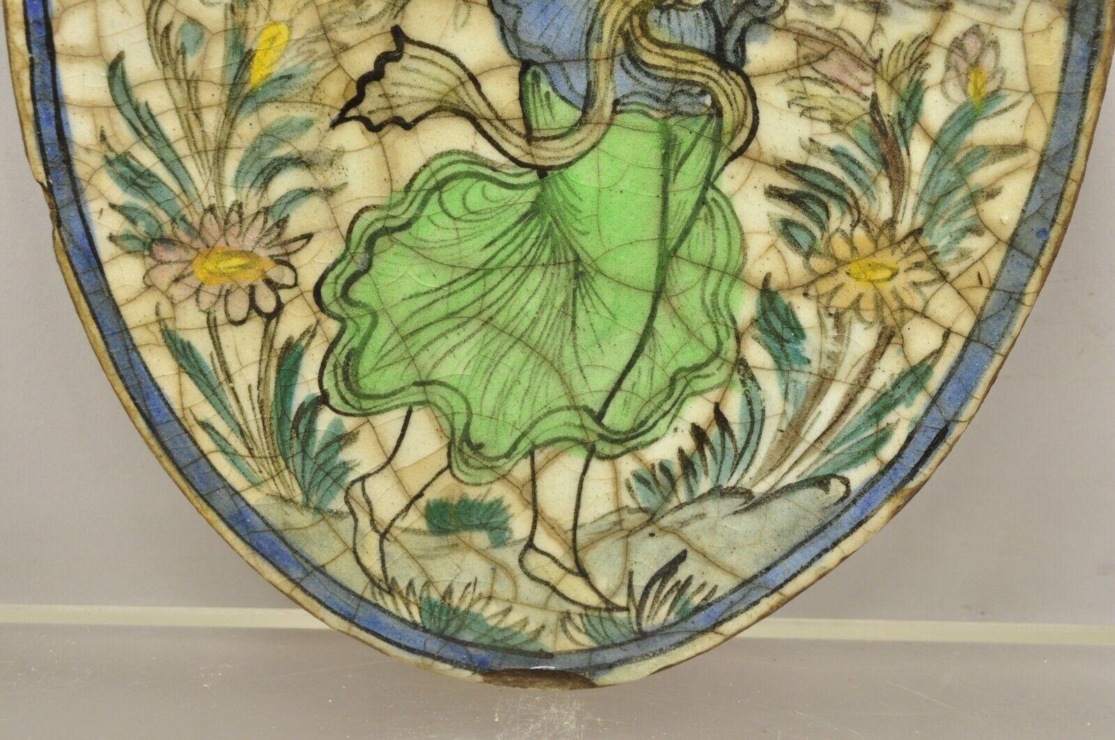 Antique Persian Iznik Qajar Style Ceramic Pottery Oval Tile Green Lady Dancer C3 For Sale 1