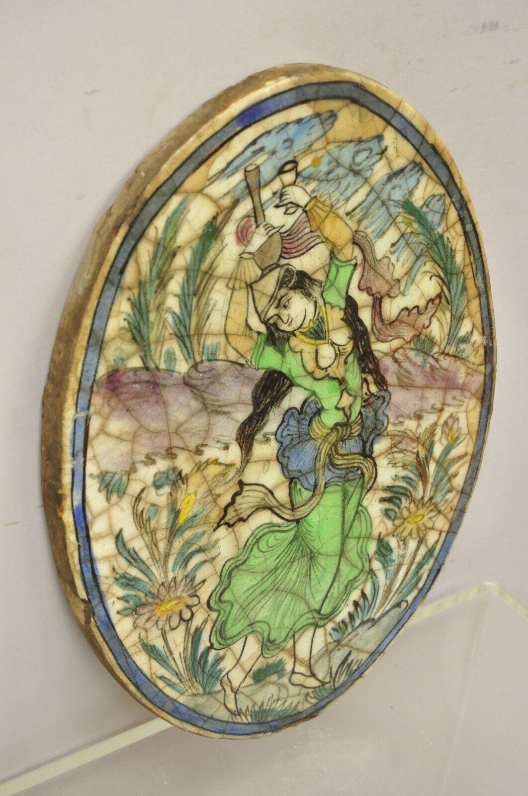 Antique Persian Iznik Qajar Style Ceramic Pottery Oval Tile Green Lady Dancer C3 For Sale 2