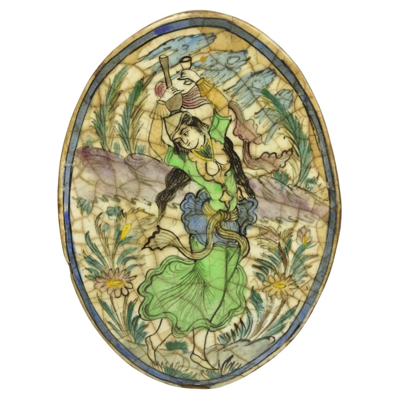 Antique Persian Iznik Qajar Style Ceramic Pottery Oval Tile Green Lady Dancer C3 For Sale