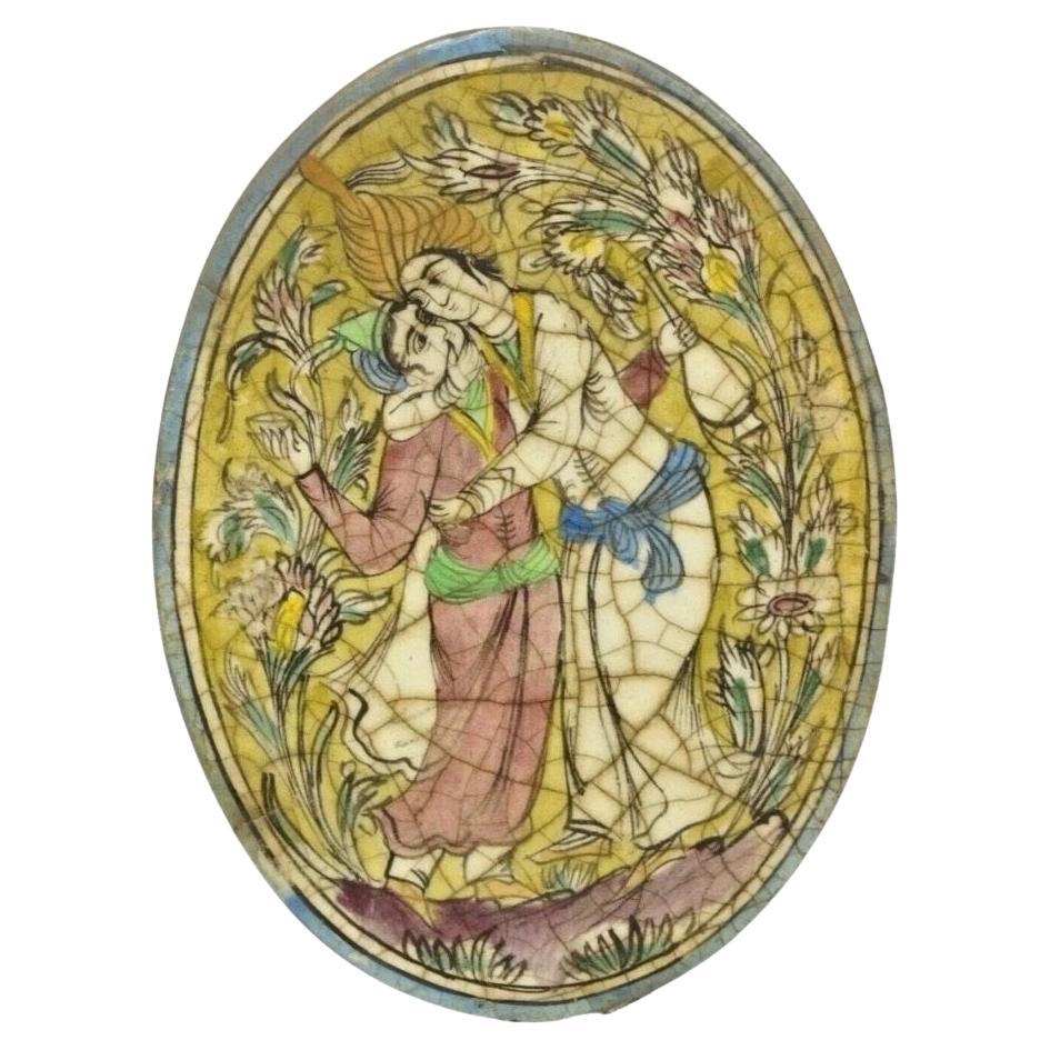 Antique Persian Iznik Qajar Style Ceramic Pottery Oval Tile Hugging Couple C3