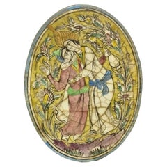 Antique Persian Iznik Qajar Style Ceramic Pottery Oval Tile Hugging Couple C3