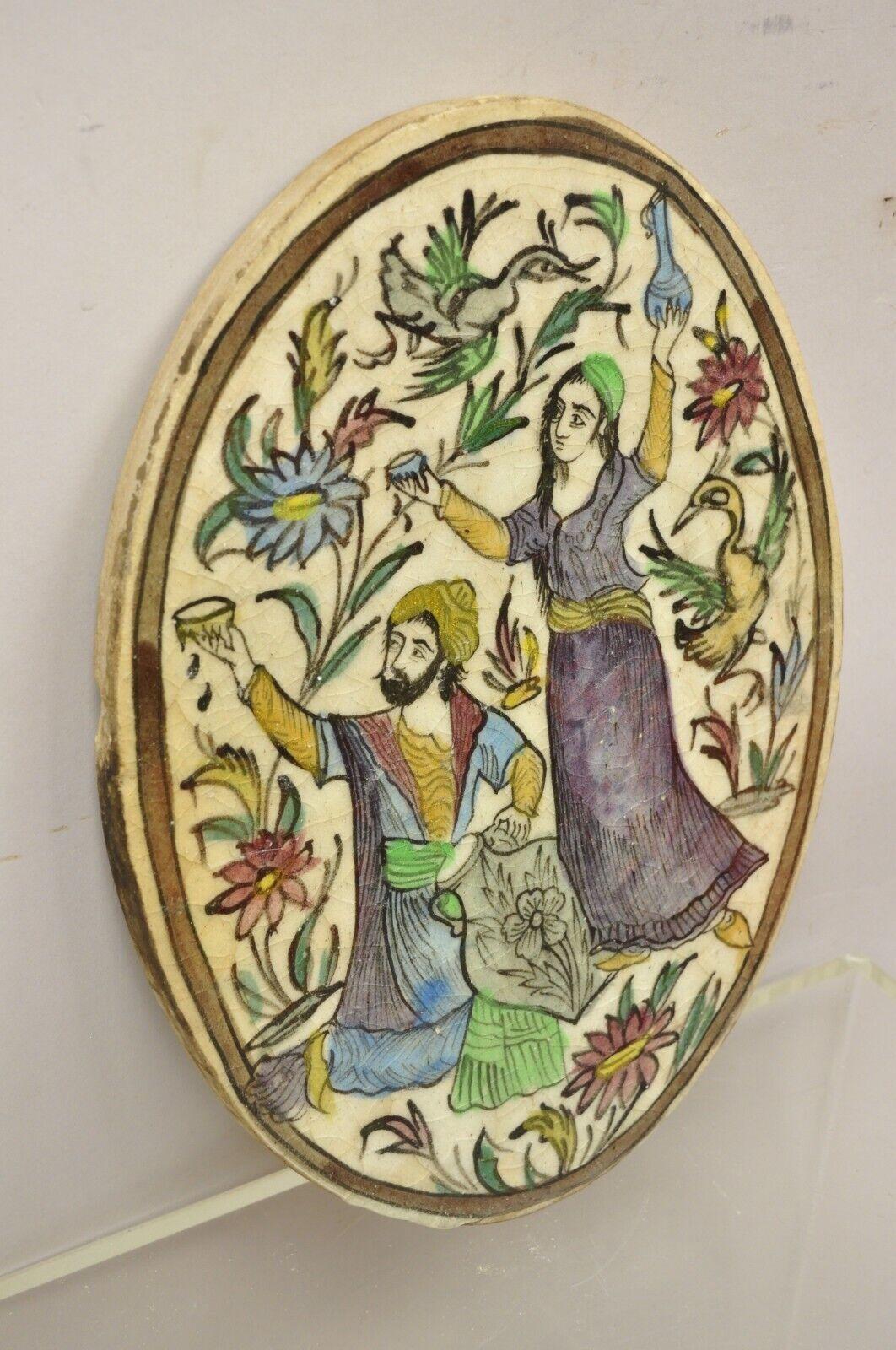 Antique Persian Iznik Qajar Style Ceramic Pottery Oval Tile Jugs Man & Woman C3 For Sale 7