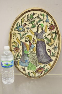 Antique Persian Iznik Qajar Style Ceramic Pottery Oval Tile Jugs Man & Woman C3