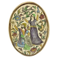 Anciennes pichets en céramique persane Iznik de style Qajar à carreaux ovales Man et femme C3