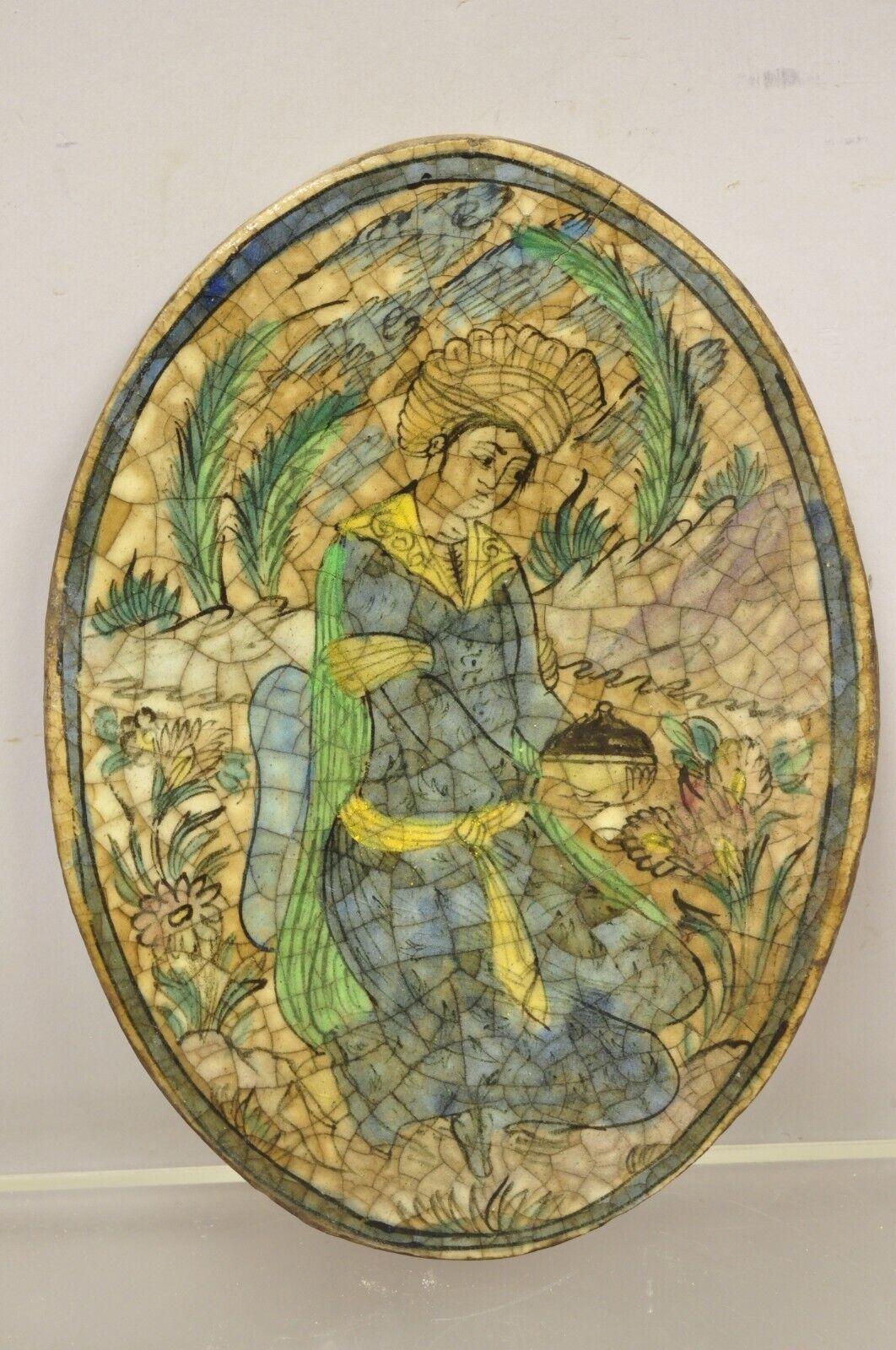 Antique Persian Iznik Qajar Style Ceramic Pottery Oval Tile Kneeling Woman C3 For Sale 6