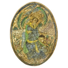 Antique Perse Iznik Qajar Style Céramique Carreau Ovale Femme Agenouillée C3