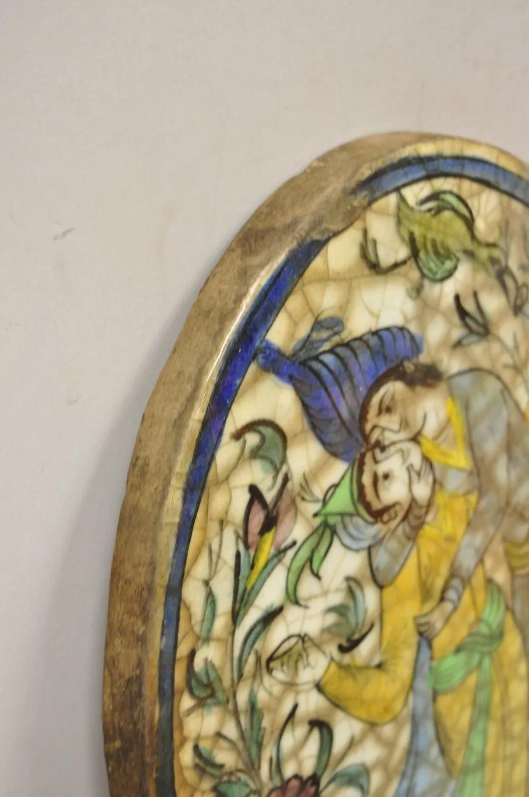 19th Century Antique Persian Iznik Qajar Style Ceramic Pottery Oval Tile Yellow Couple C3 For Sale