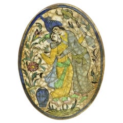 Antique Persian Iznik Qajar Style Ceramic Pottery Oval Tile Yellow Couple C3