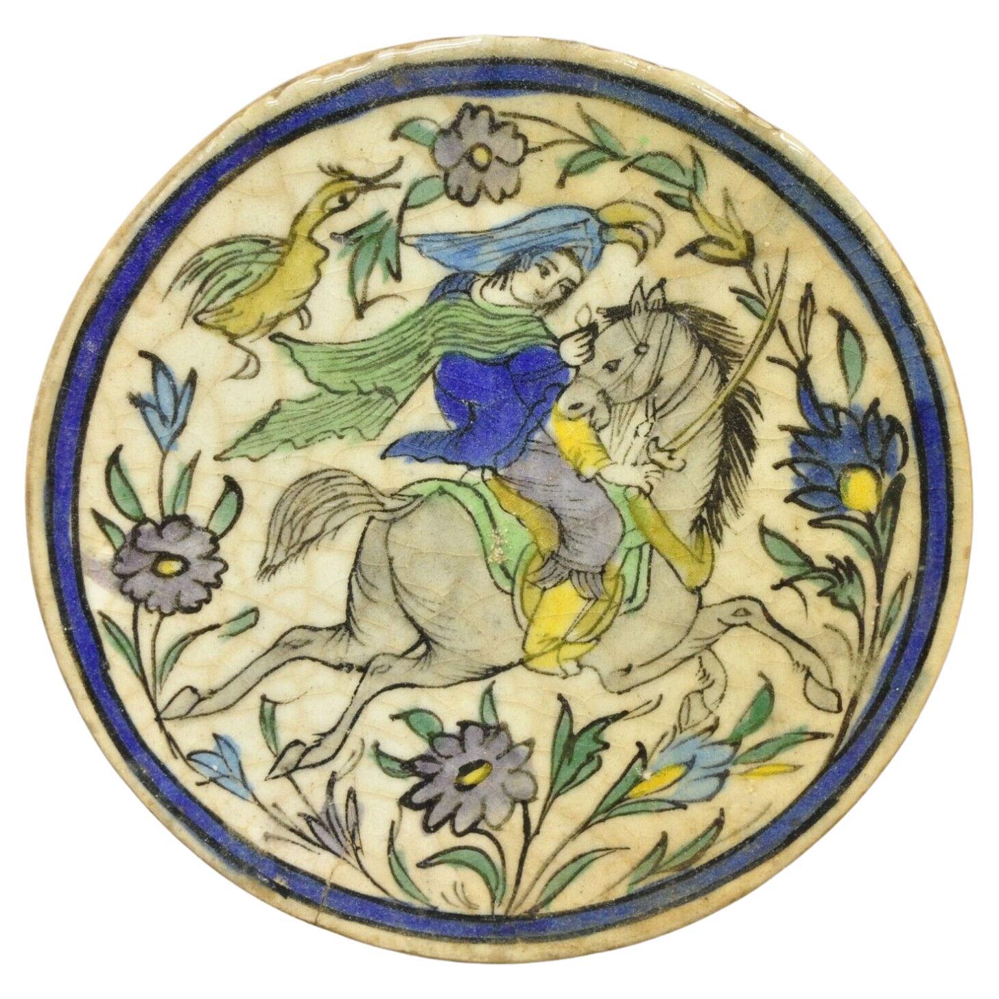 Antique Persian Iznik Qajar Style Ceramic Pottery Round Tile Horse and Rider C4 For Sale