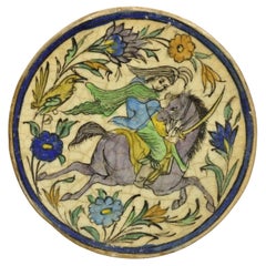 Antique Persian Iznik Qajar Style Ceramic Pottery Round Tile Horse w/ Rider C4