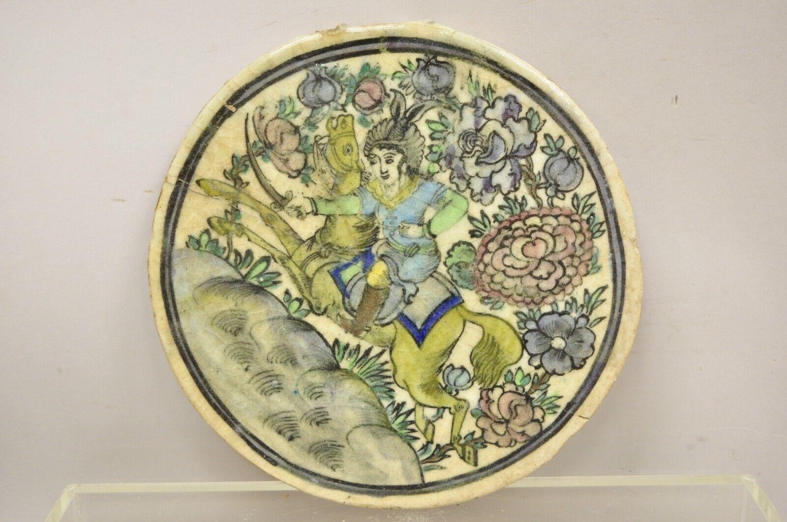 Antique Persian Iznik Qajar Style Ceramic Pottery Round Tile Horse with Rider C4 For Sale 5