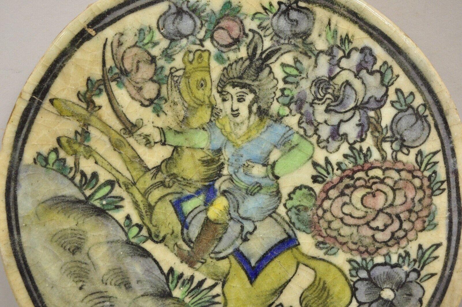 Islamique Poterie persane ancienne Iznik de style Qajar en céramique - Cheval en carreaux ronds avec cavalier C4 en vente