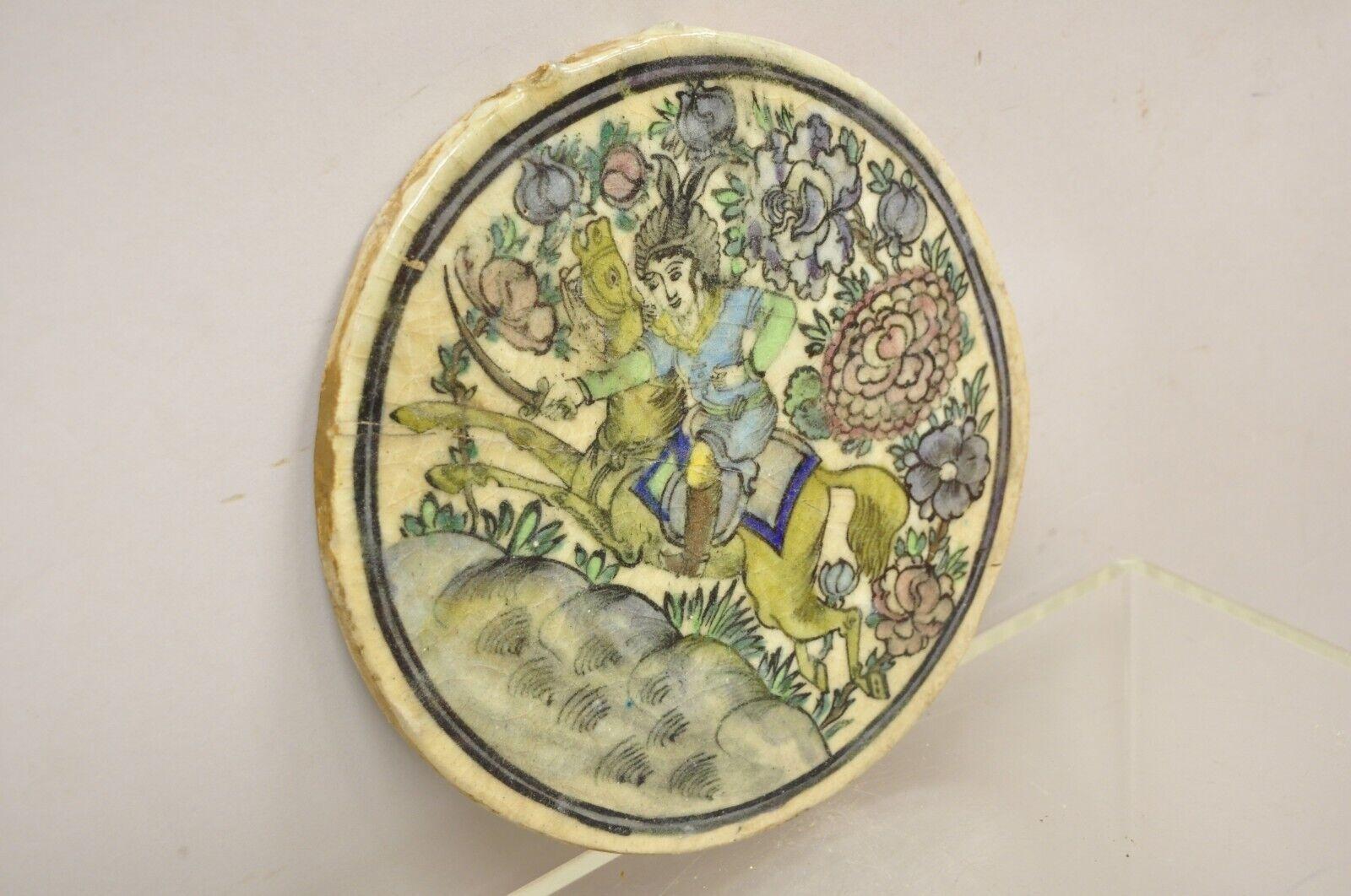 Céramique Poterie persane ancienne Iznik de style Qajar en céramique - Cheval en carreaux ronds avec cavalier C4 en vente
