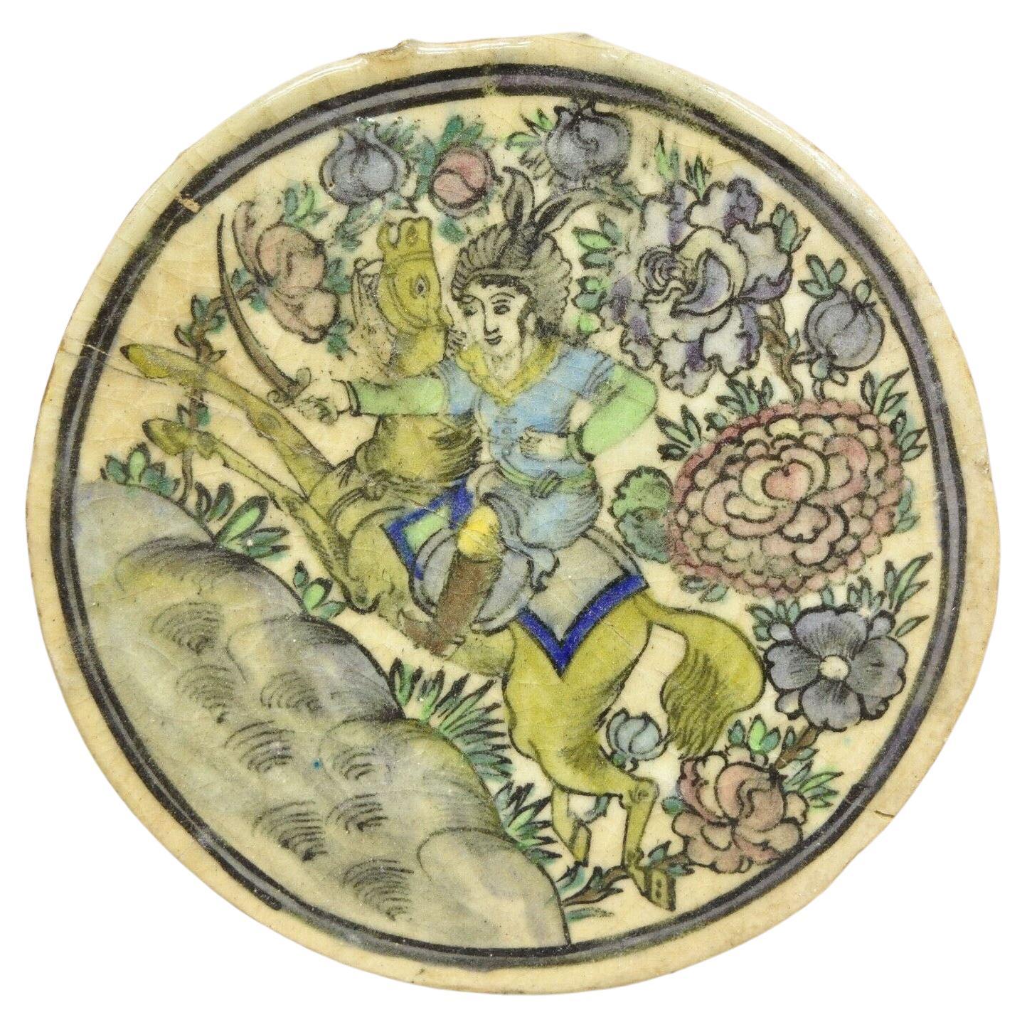 Antique Persian Iznik Qajar Style Ceramic Pottery Round Tile Horse with Rider C4 For Sale