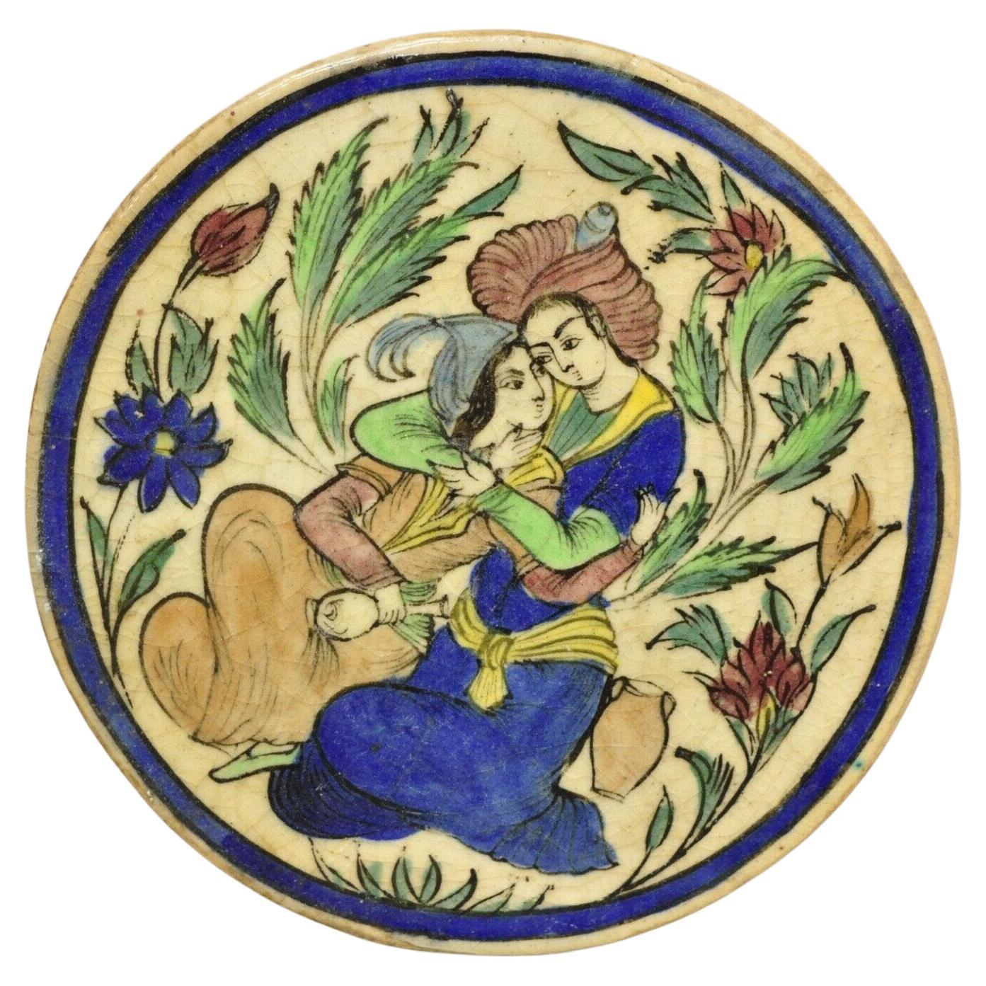 Antique Persian Iznik Qajar Style Ceramic Pottery Round Tile Sitting Couple C4 For Sale