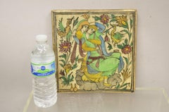 Antique Persian Iznik Qajar Style Ceramic Pottery Square Tile Green Embrace C4