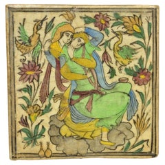 Antique Persian Iznik Qajar Style Ceramic Pottery Square Tile Green Embrace C4