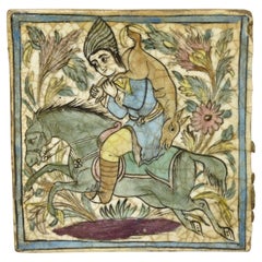 Antike persische Iznik Qajar-Keramik, quadratische Kacheln, Jäger und Pferd, C4