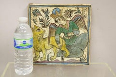 Antique Persian Iznik Qajar Style Ceramic Pottery Square Tile Lion and Figure C4