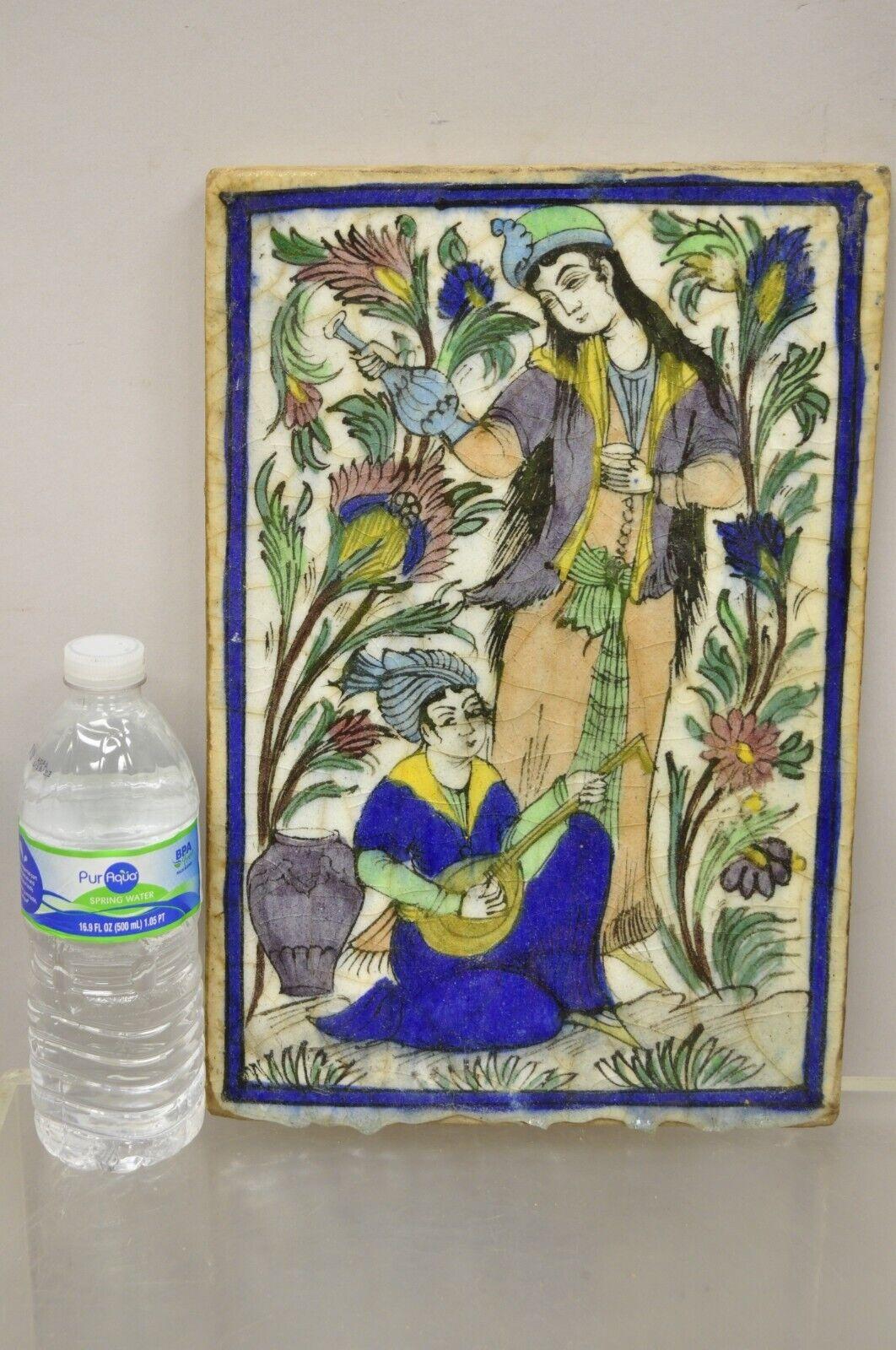 Antique Persian Iznik Qajar Style Ceramic Pottery Tile 2 Women, 1 Playing Guitar C1. Original crackle glazed finish, heavy ceramic pottery construction, very impressive detail, wonderful style and form. Great to mount as wall art or accent tiles for