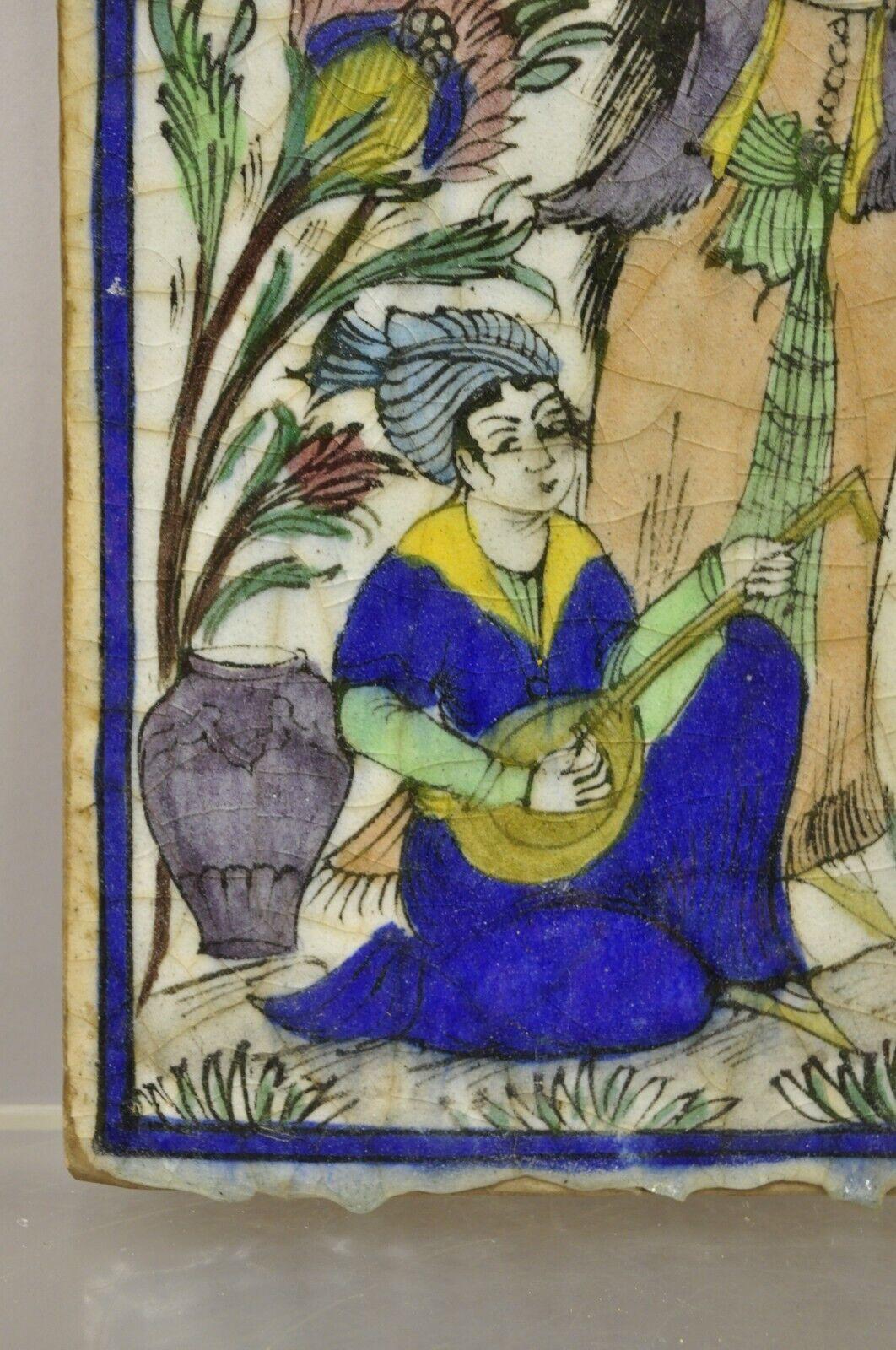 Antique Persian Iznik Qajar Style Ceramic Pottery Tile 2 Women Playing Guitar C1 In Good Condition In Philadelphia, PA