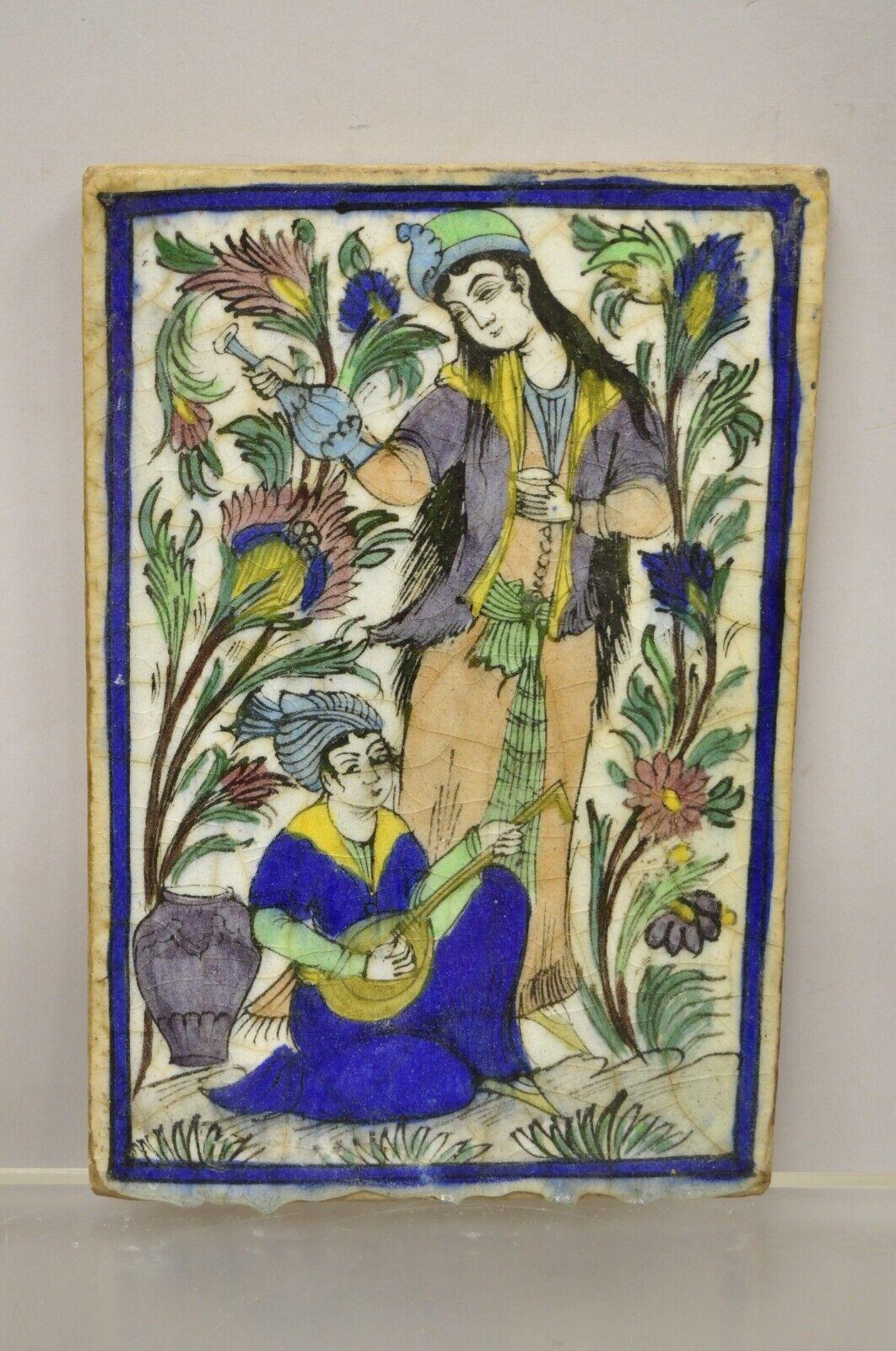 Antique Persian Iznik Qajar Style Ceramic Pottery Tile 2 Women Playing Guitar C1 3