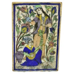Antique Persian Iznik Qajar Style Ceramic Pottery Tile 2 Women Playing Guitar C1