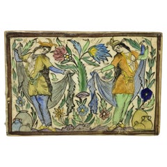 Antique Persian Iznik Qajar Style Ceramic Pottery Tile 2 Women with Scarves C2