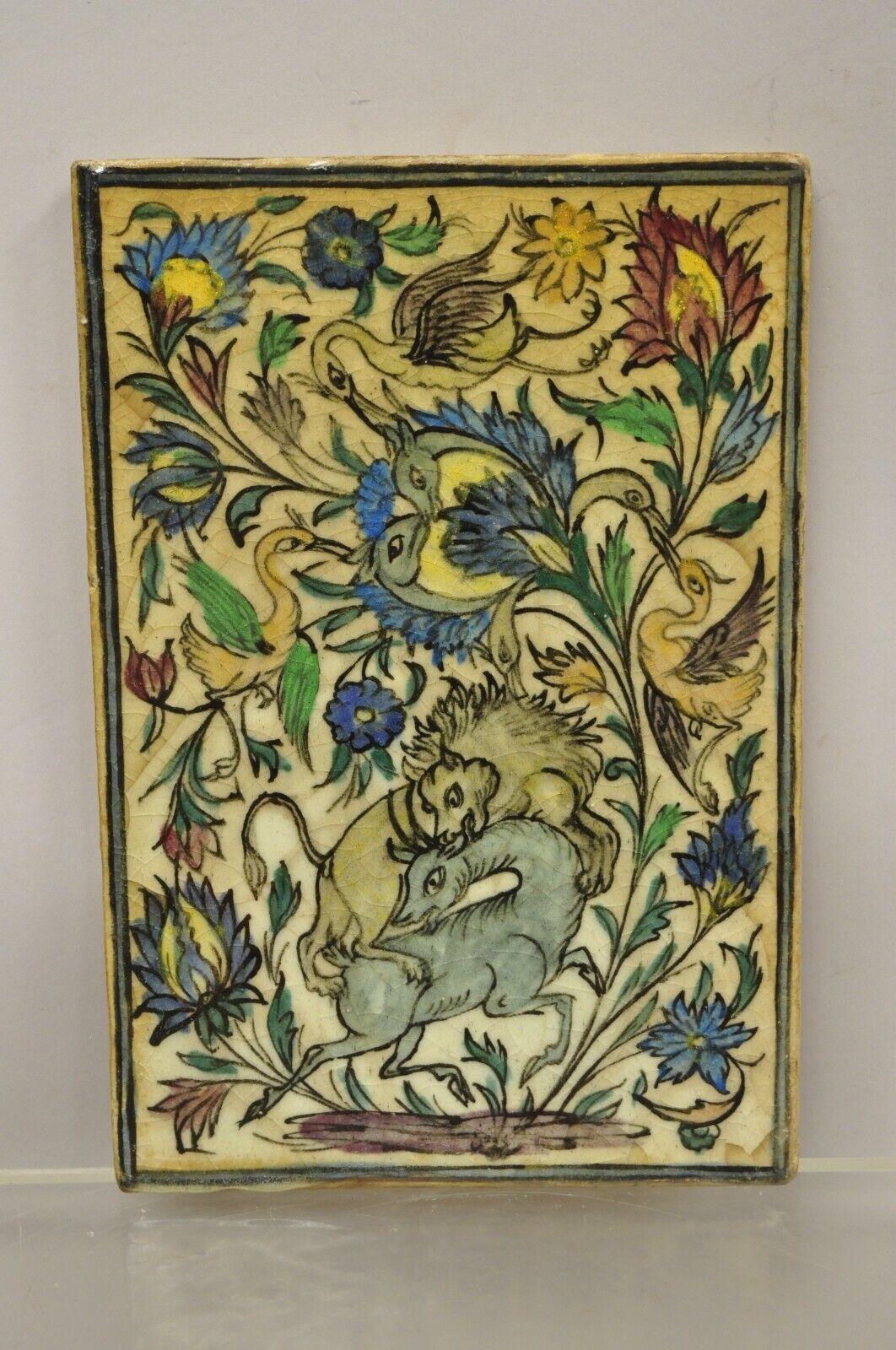 Antique Persian Iznik Qajar Style Ceramic Pottery Tile Animals Predation Hunt C1 For Sale 2