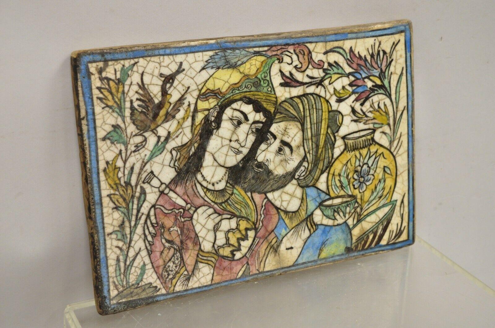 Antique Persian Iznik Qajar Style Ceramic Pottery Tile Bearded Man and Woman C2 For Sale 6