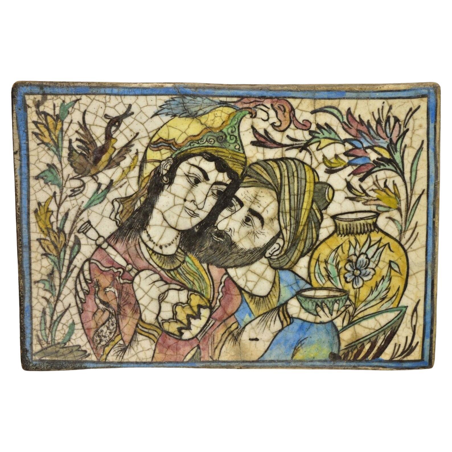 Antique Persian Iznik Qajar Style Ceramic Pottery Tile Bearded Man and Woman C2 For Sale