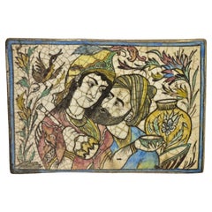 Antique poterie persane Iznik de style Qajar en céramique Tile Bearded Man and Woman C2