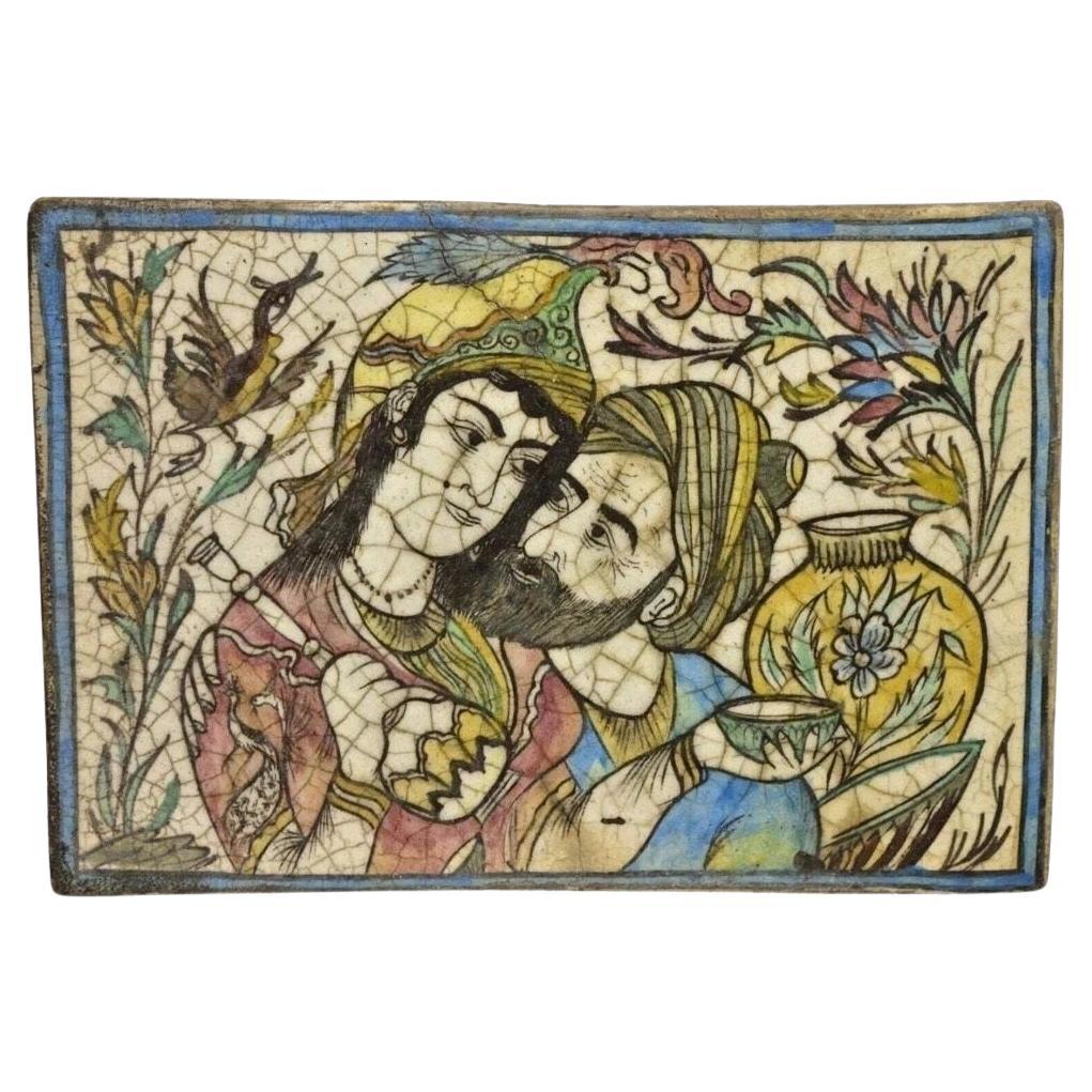 Antike persische Iznik Pottery im Qajar-Stil Keramikfliese Bärtiger Mann und Frau C2