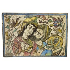 Antique Persian Iznik Qajar Style Ceramic Pottery Tile Bearded Man and Woman C2
