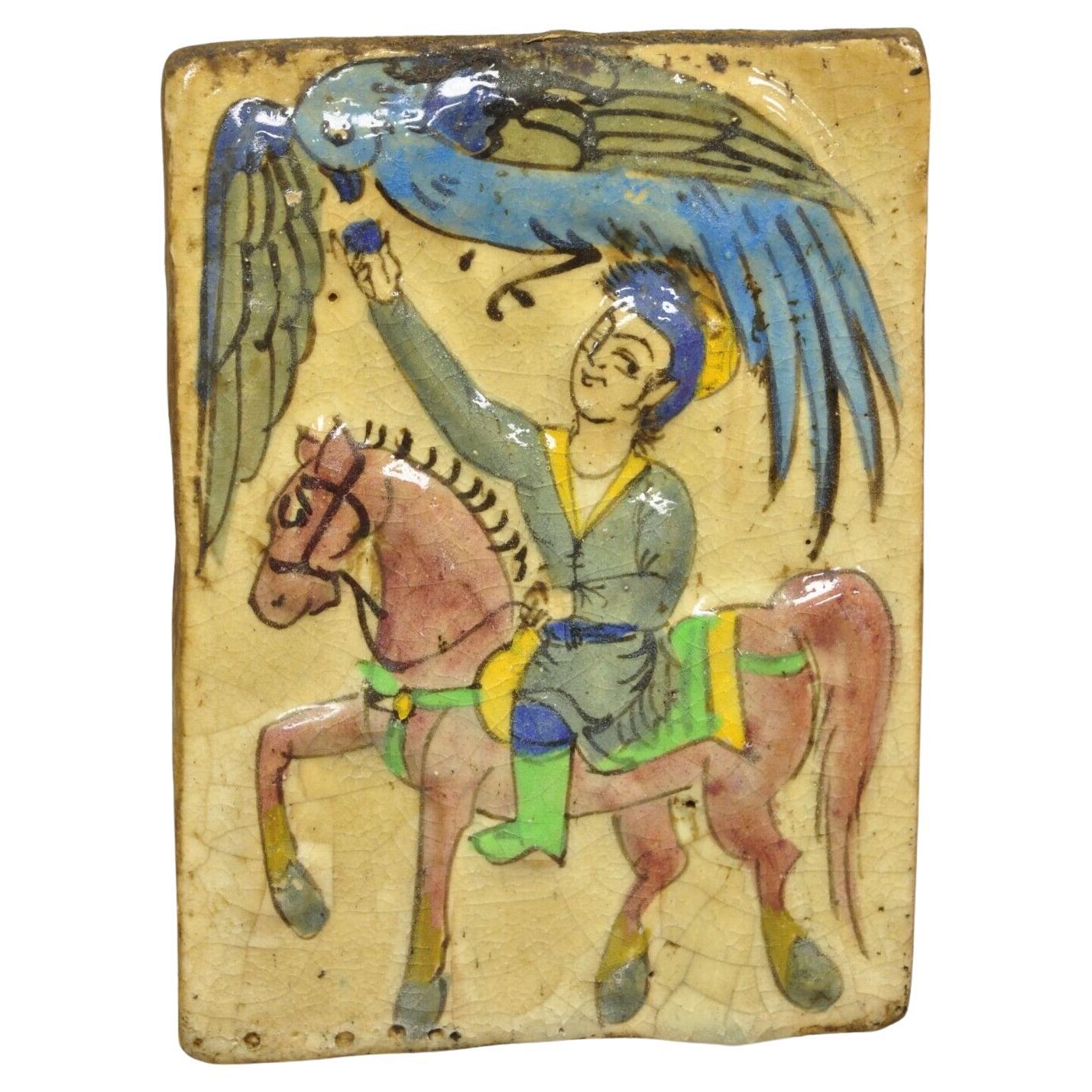 Antique Persian Iznik Qajar Style Ceramic Pottery Tile Beige Phoenix & Horse C4 For Sale