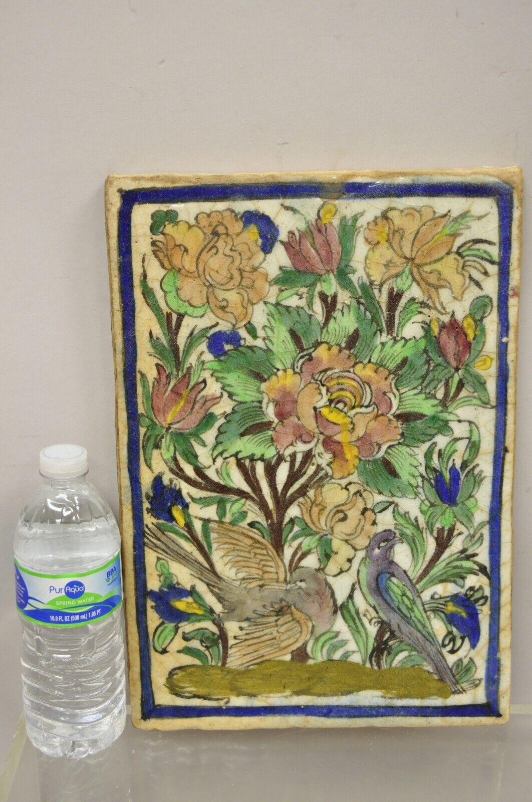 Antique Persian Iznik Qajar style large ceramic pottery tile birds and pink flowers C1. Item features an original crackle glazed finish, heavy ceramic pottery construction, very impressive detail, wonderful style and form. Great to mount as wall art