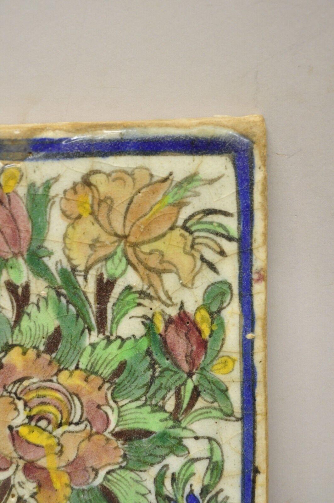 20th Century Antique Persian Iznik Qajar Style Ceramic Pottery Tile Birds and Pink Flowers C1