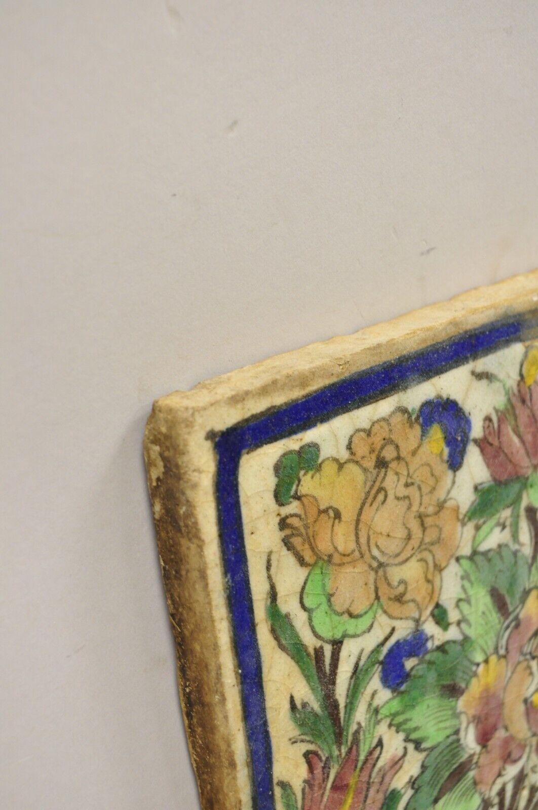 Antique Persian Iznik Qajar Style Ceramic Pottery Tile Birds and Pink Flowers C1 1