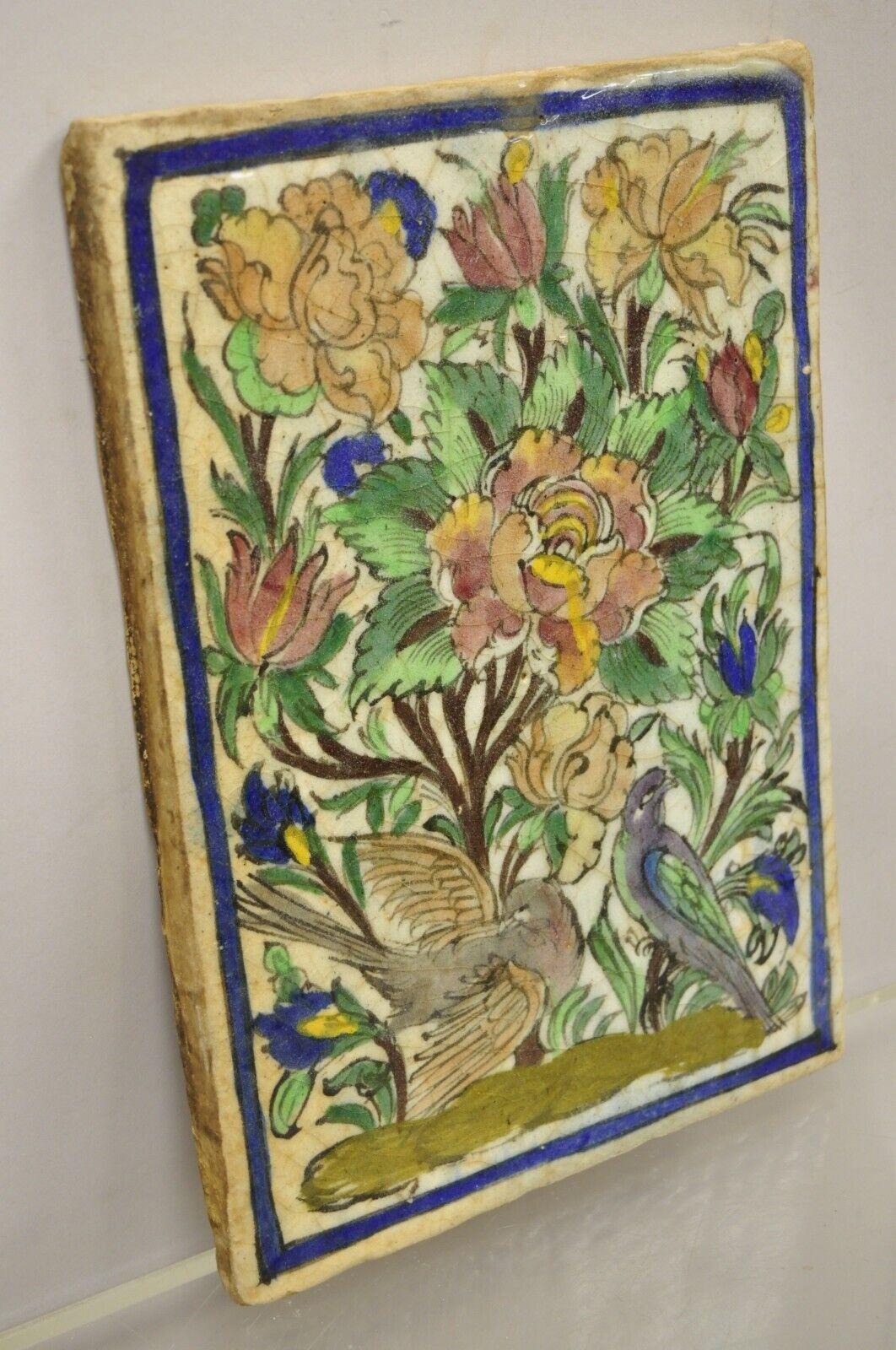 Antique Persian Iznik Qajar Style Ceramic Pottery Tile Birds and Pink Flowers C1 5