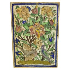 Antique Persian Iznik Qajar Style Ceramic Pottery Tile Birds and Pink Flowers C1
