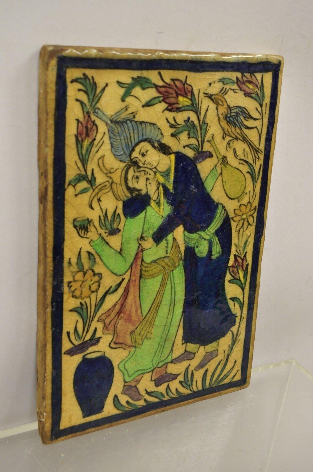 Antique Persian Iznik Qajar Style Ceramic Pottery Tile Blue Man Woman Kissing C2 For Sale 6