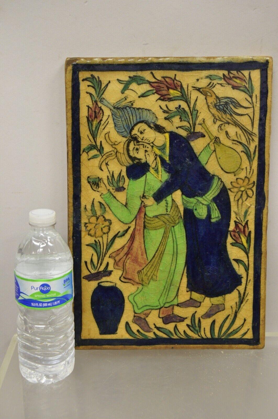Antique Persian Iznik Qajar Style Ceramic Pottery Tile Blue and Green Man and Woman Kissing C2. Original crackle glazed finish, heavy ceramic pottery construction, very impressive detail, wonderful style and form. Great to mount as wall art or