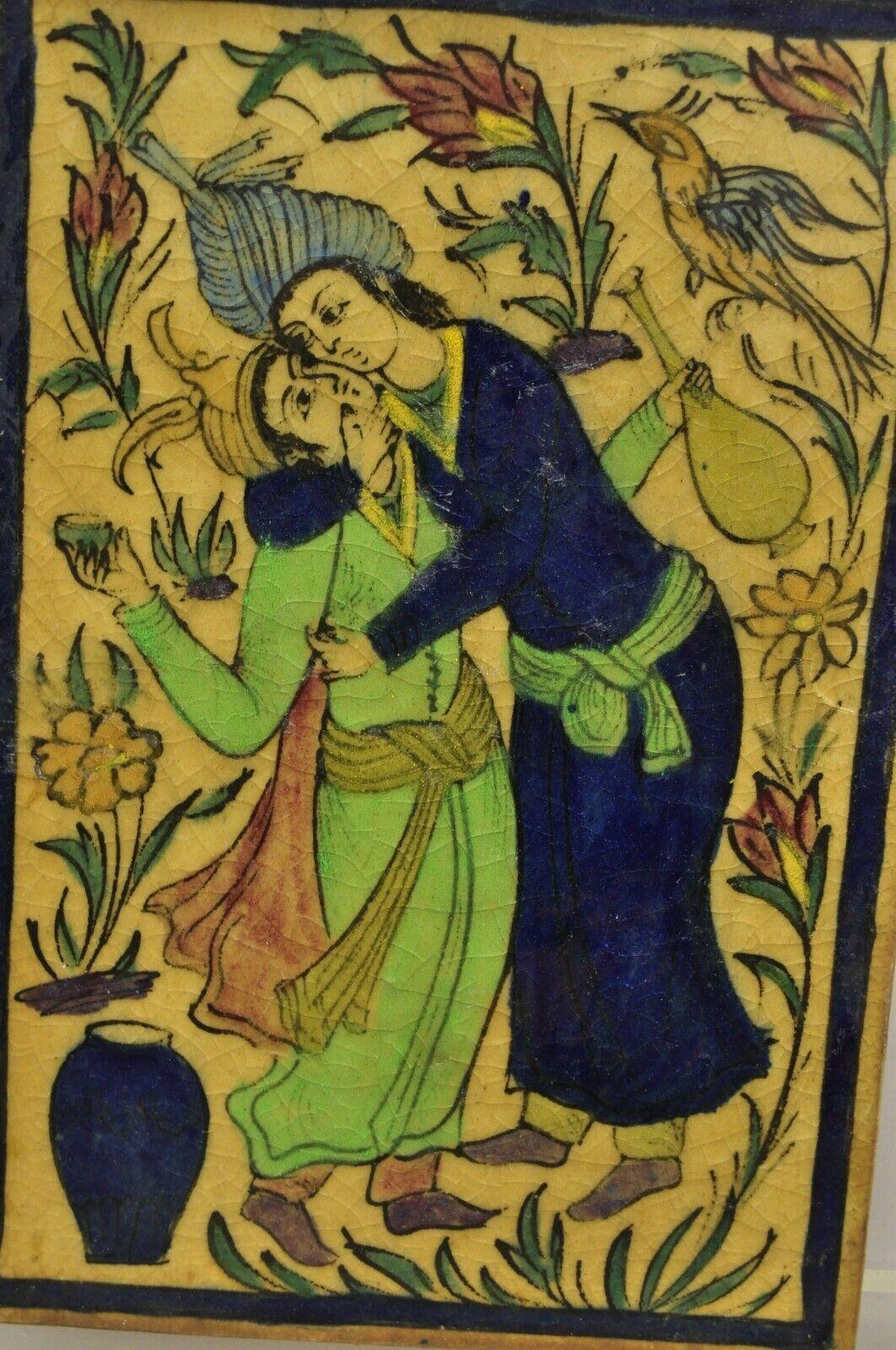 Antique Persian Iznik Qajar Style Ceramic Pottery Tile Blue Man Woman Kissing C2 In Good Condition For Sale In Philadelphia, PA